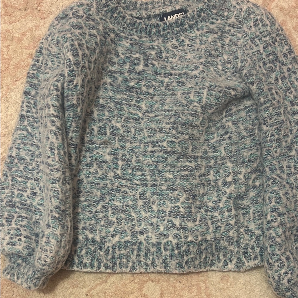 Lands' End Blue and White Fuzzy Crewneck Sweater